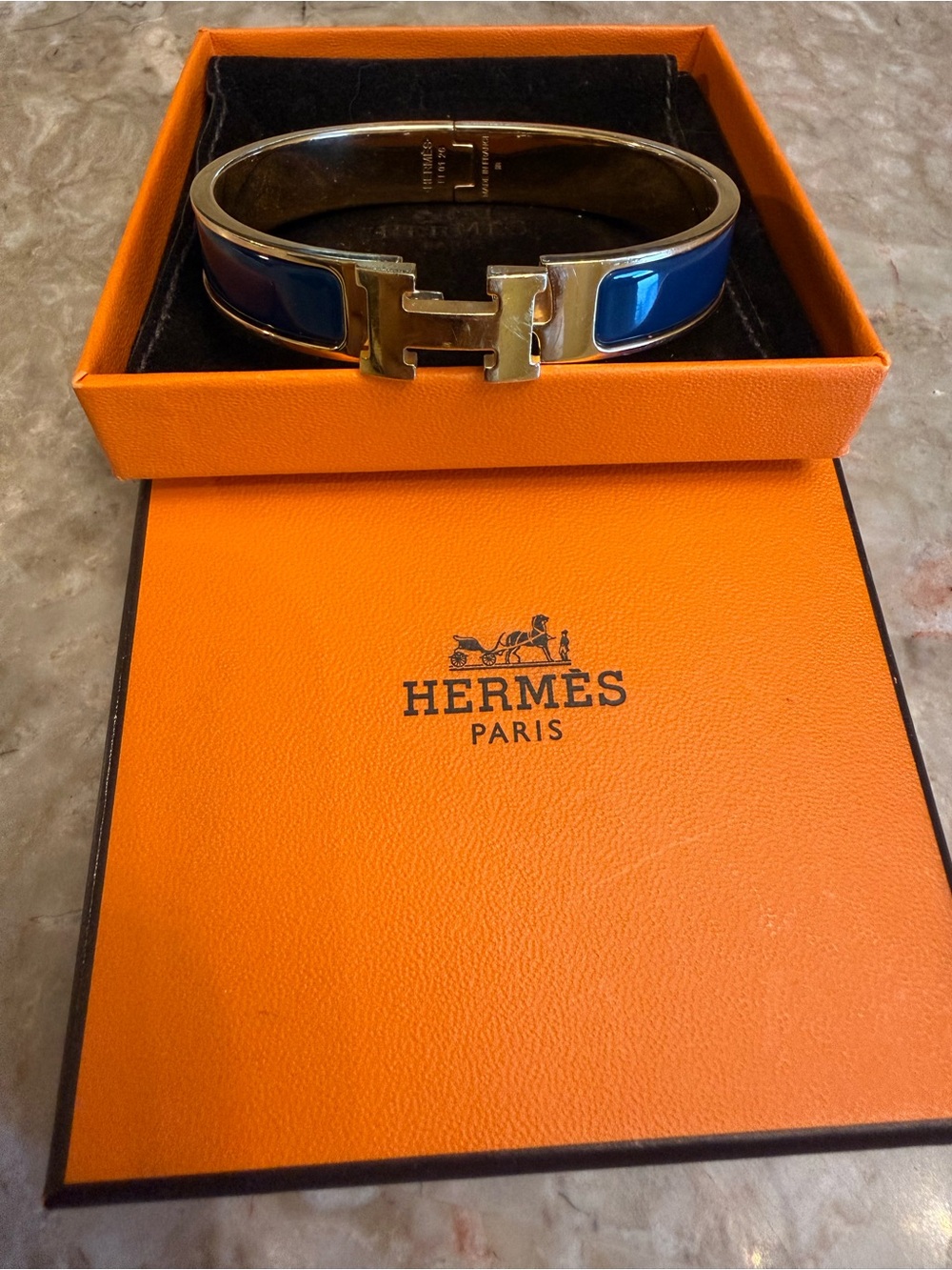 Hermes Blue Enamel H Clic Bracelet with Gold Hardware